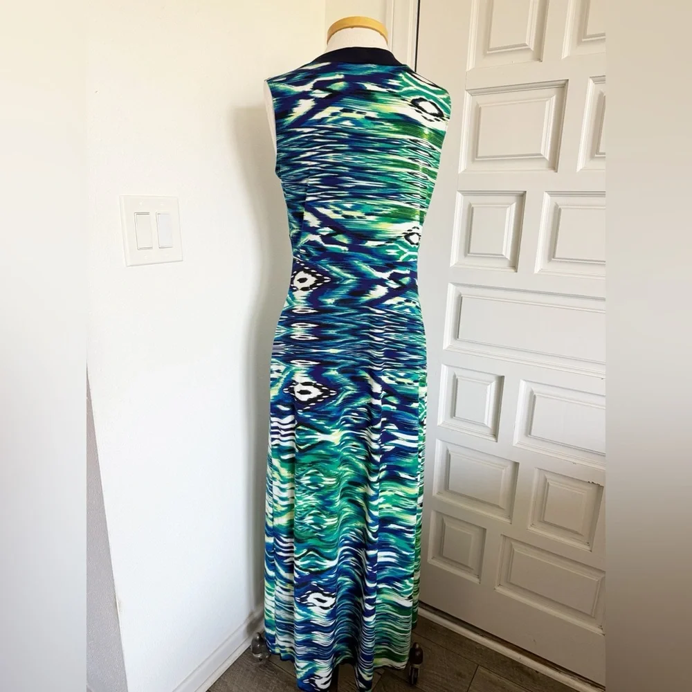 Enfocus Studio Maxi Dress Vibrant Green Blue White V-Neck Sleeveless Size 10